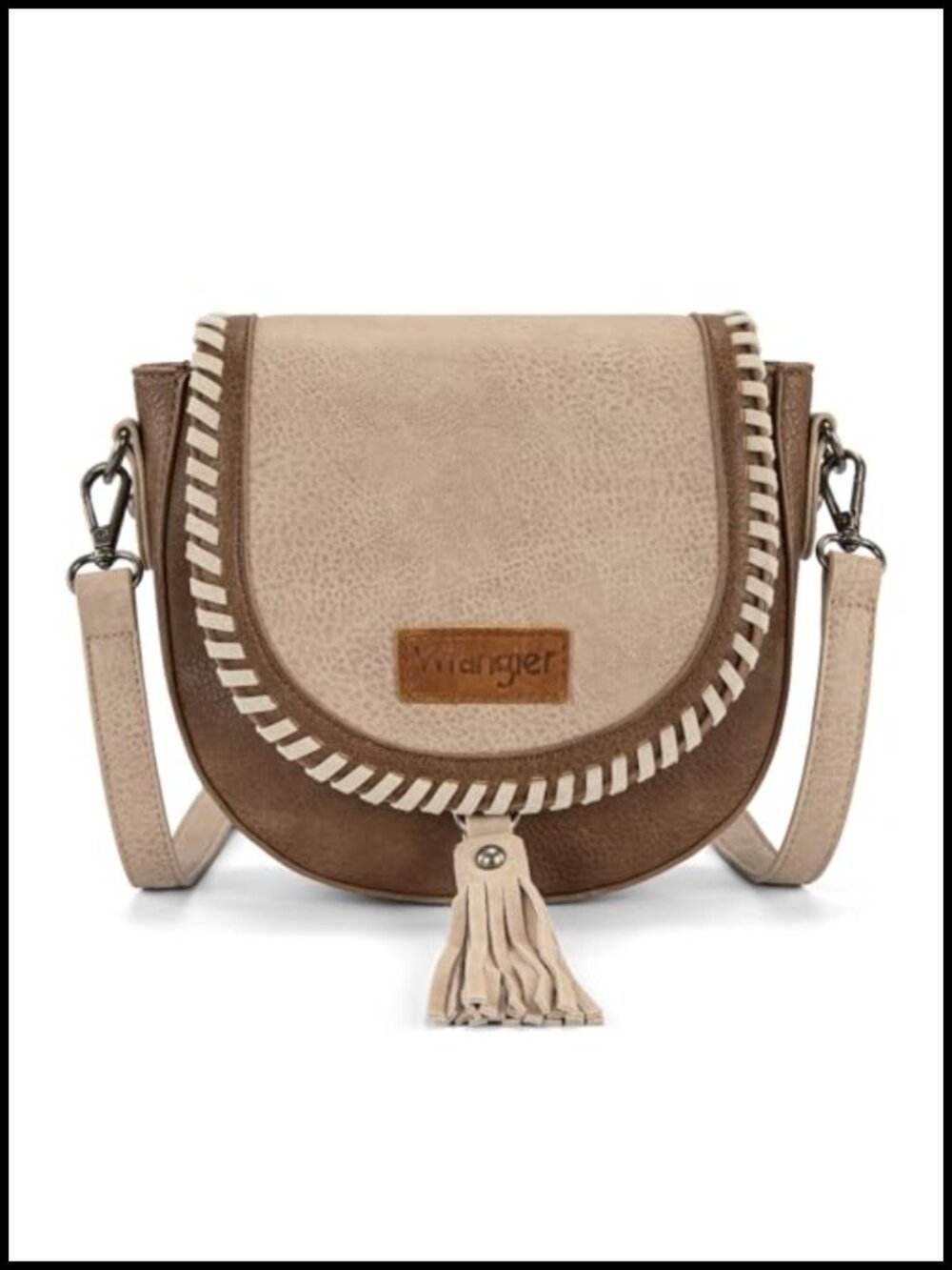 Vegan Leather Crossbody Saddle Bag Tassel Whipstitch